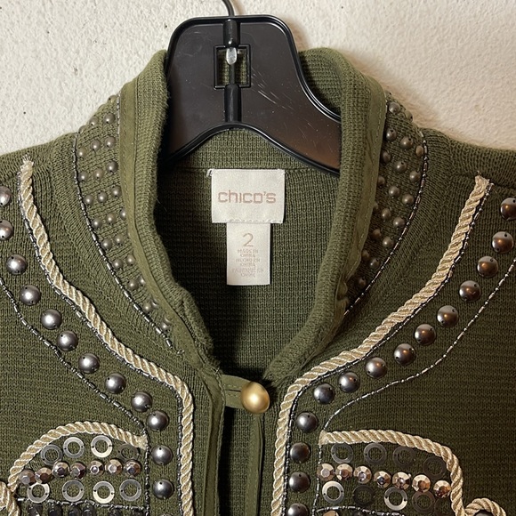 CHICOS MILITARY EMBELLISHED SWEATER JACKET CARDIGAN OLIVE L (12) - Picture 8 of 11